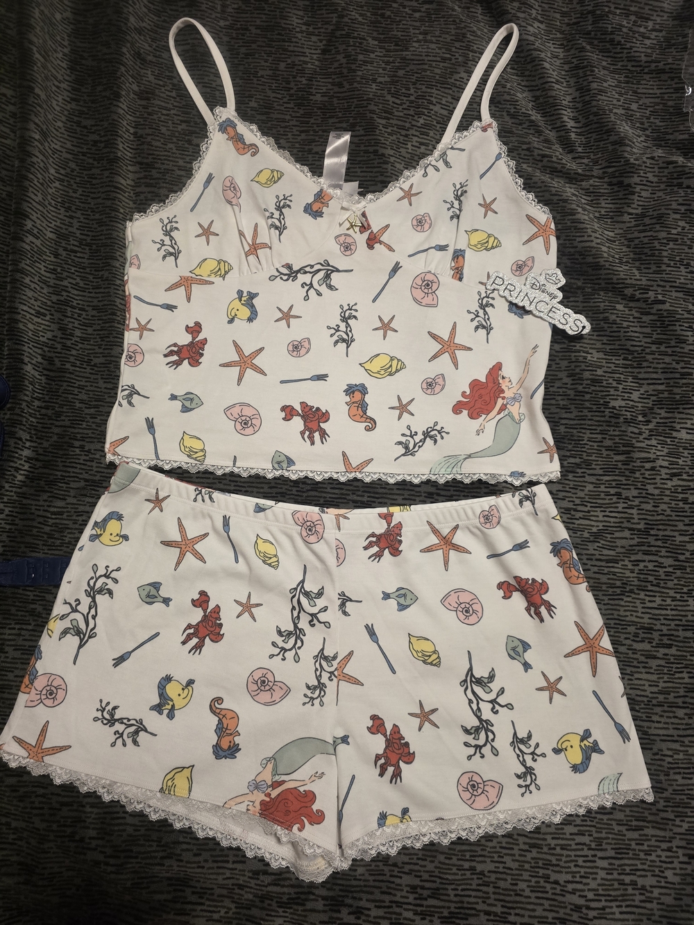 Forever 21-Disney Ariel Mermaid Pajama Set - White with Multicolor Sea Print, L